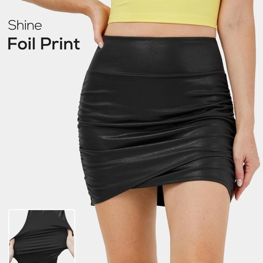 Halara Cloudful 2.0 Sz Small High Waisted Black Foil Stretchy Ruched Skort